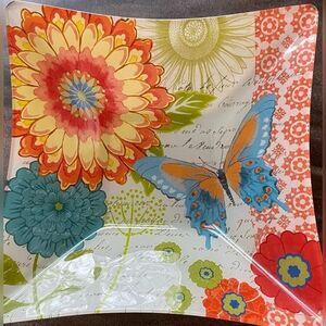 Multicolor Butterfly Floral Glass Square Bowl  Decorative Serving Decor 10”x10”